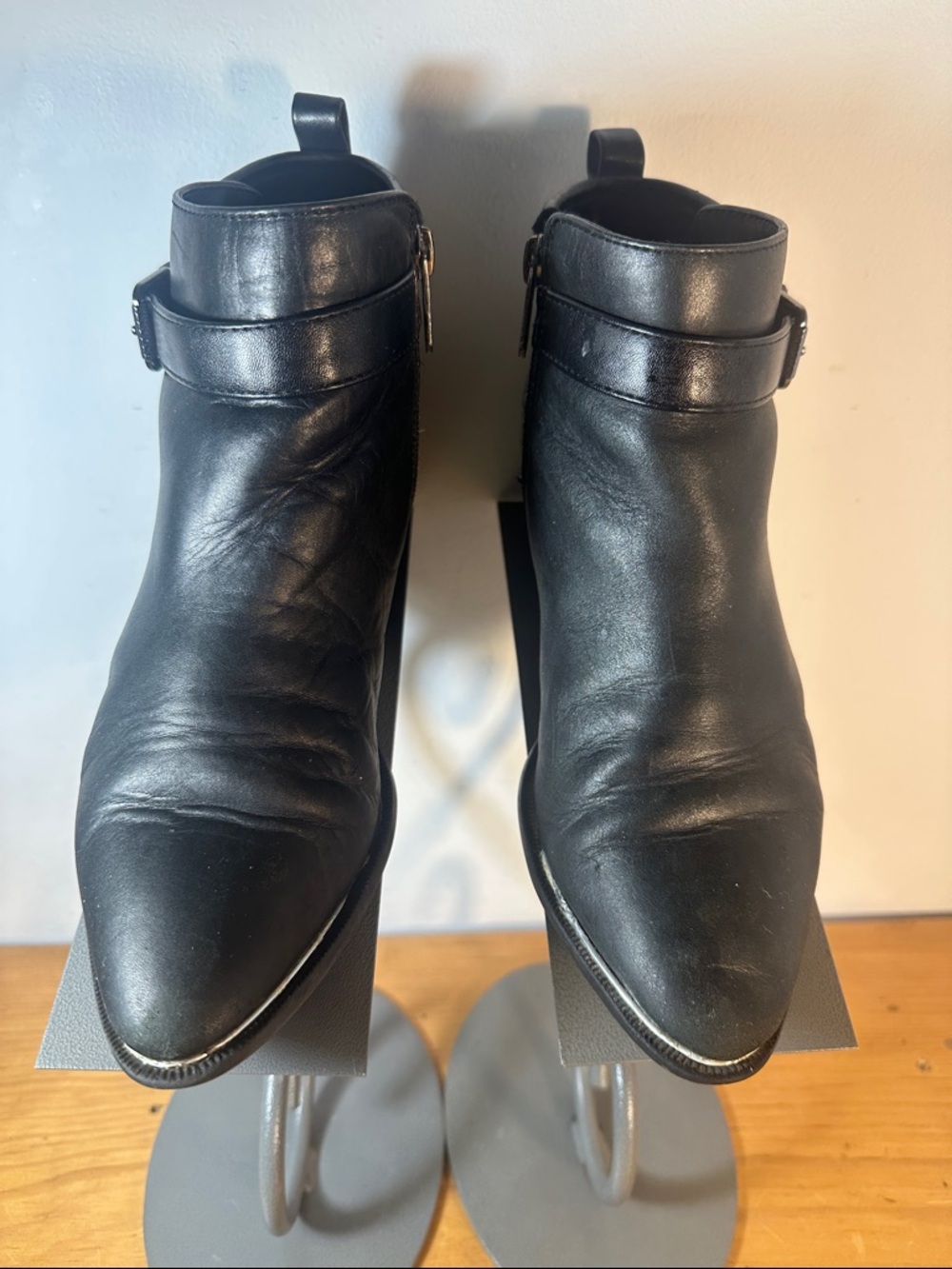 Women's Black Leather Ankle Boots with Buckle Strap